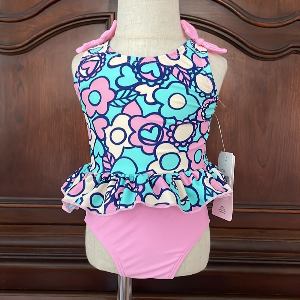 Floatimini Toddler Girl Swimsuit 2T NWT 2 Piece Ruffle Floral Pink Blue Summer